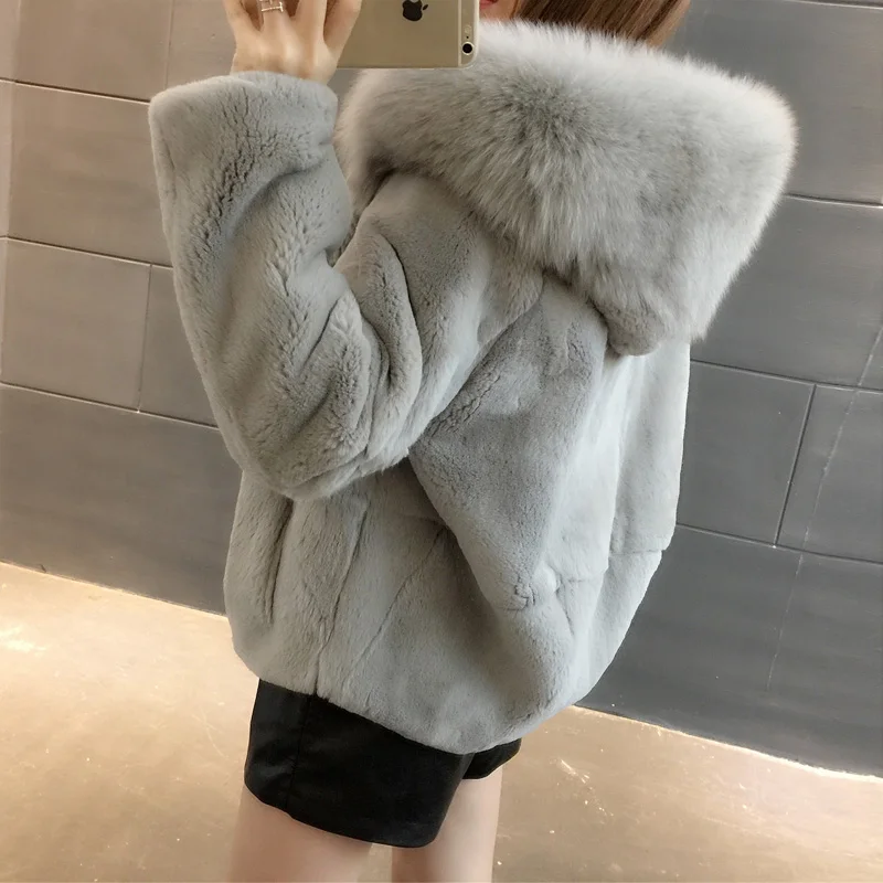 Женские зимние шубы из натурального меха кролика рекс с капюшоном|Шубы и