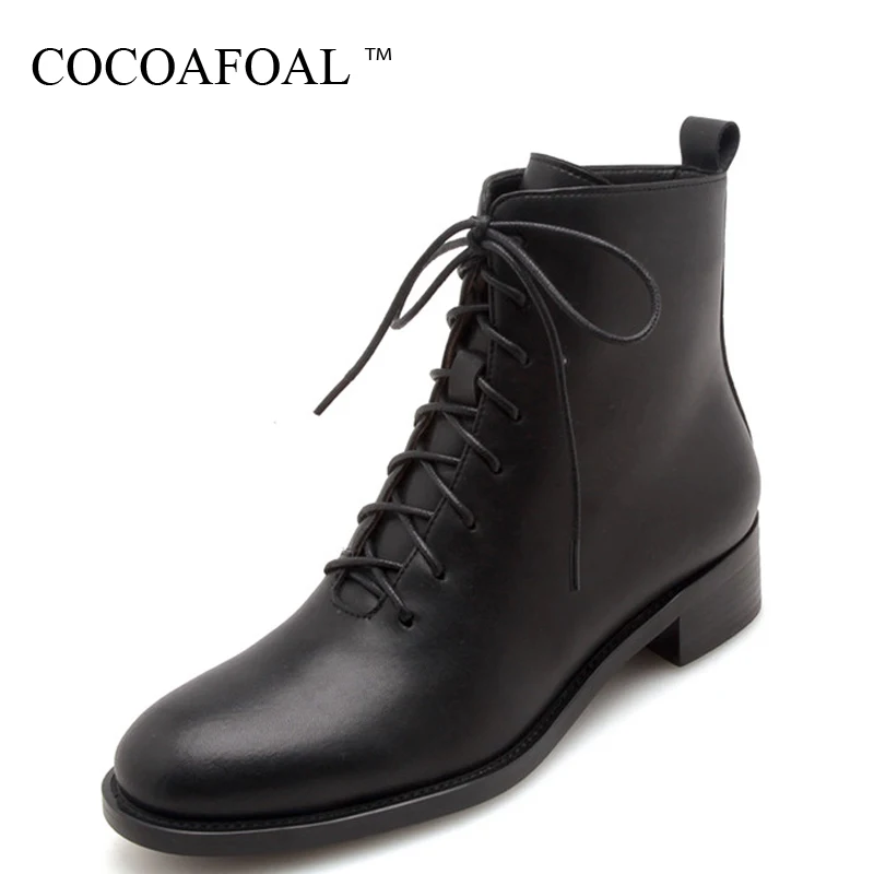 

COCOAFOAL Winter Woman Ankle Boots Genuine Leather Women's Chelsea Boots Lace Up Black White Plus Size 43 Genuine Leather Shoes