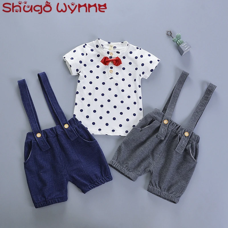 

Summer Baby Boys Short Sleeve Polka Dot Bowtie Shirts + Striped Overalls Shorts Cotton Party Kids Clothing Sets 2Pcs Suits