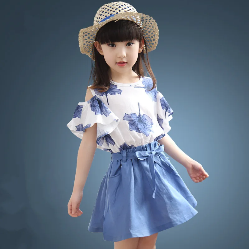 

Maple Leaf Pattern School Girl Shirt and Skirt Set Summer Sexy Teenage 4 5t To 12Y Child Casual Blouse Set Drop Shoulder Sleeve