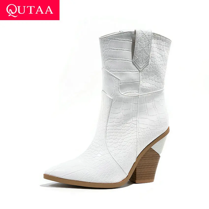 

QUTAA 2020 Fashion Leopard Snakeskin PU Leather Women Boots Square Heel Autumn Winter Slip on Pointed Toe Women Shoes Size 34-43