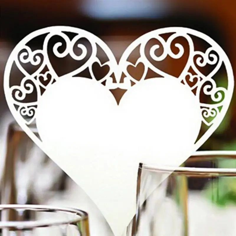 

FunPa 50Pcs/Set Laser-Cut Notes Loving Heart Pattern Hollow Out Wedding Table Glass Name Card For Cafe Party Banquet