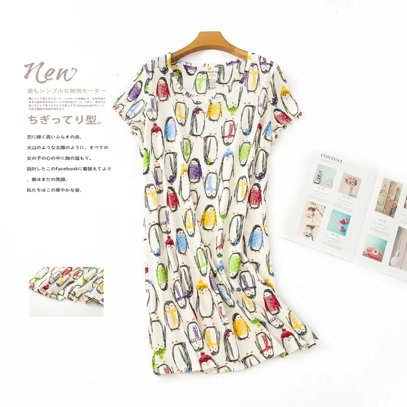 Летняя брендовая домашняя одежда для женщин, Повседневная хлопковая ночная рубашка с мультяшным принтом, женская ночная рубашка с коротким рукавом и круглым вырезом, ночное платье - Цвет: White penguin