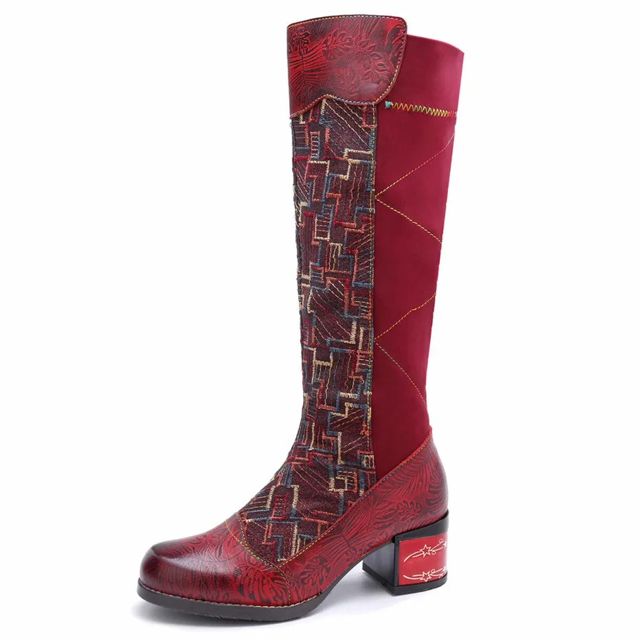 Handmade Genuine Leather Knee High Boots Women Shoes Vintage Patchwork Lady Embroider Shoes Zipper Heels Spring Autumn Boots New (6)