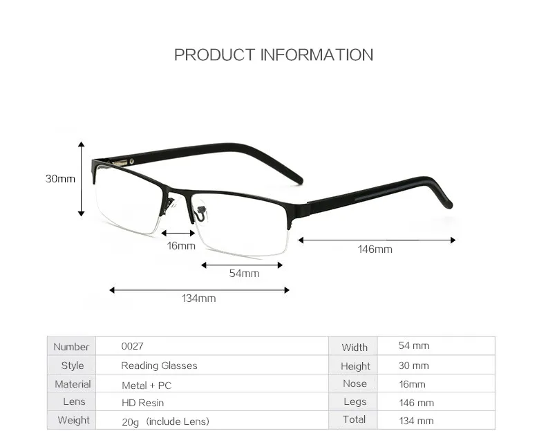 YOOSKE Для мужчин, очки для чтения, металлические с плоскими стеклами и половинной рамкой Бизнес дальнозоркости рецепта+ 1,0 1,5 2,0 2,5 3,0 3,5 4,0