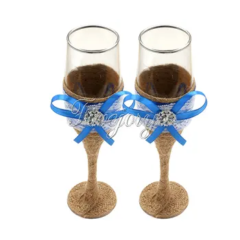 

Burlap Wedding Toasting Glasses Rhinestone Buckle Blue Satin Ribbon Bow Wine Cup For Xmas Party Home Wedding Decor Gifts Box