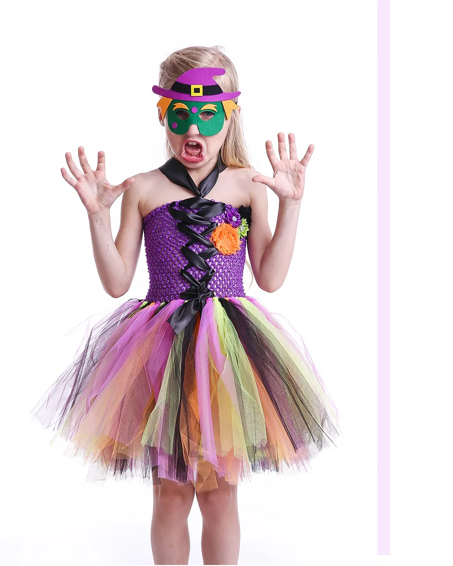 Girls Witch Tutu Dress with Mask Rainbow Style Kids Halloween Costumes Tulle Flower Baby Girl Fancy Carnival Party Tutu Dresses (7)
