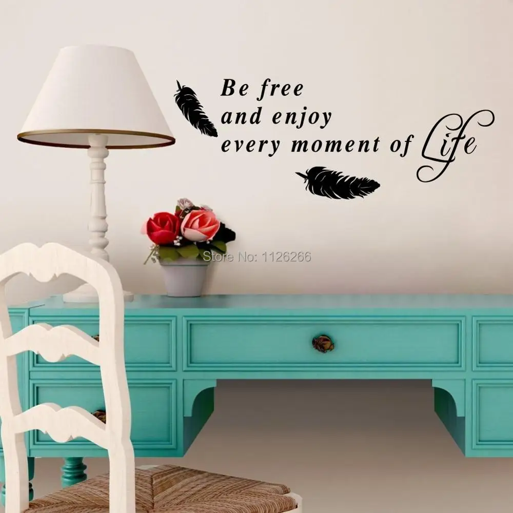 Be Free and Enjoy Every Moment of Life Quote Wall Stickers for Living Room Feather Art