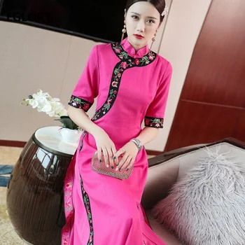 

Top Quality Brand Qipao Party Vintage Dress Women Vintage Floral Embroidery Half Sleeve Mid-Calf Length Cotton Linen Dress XXL