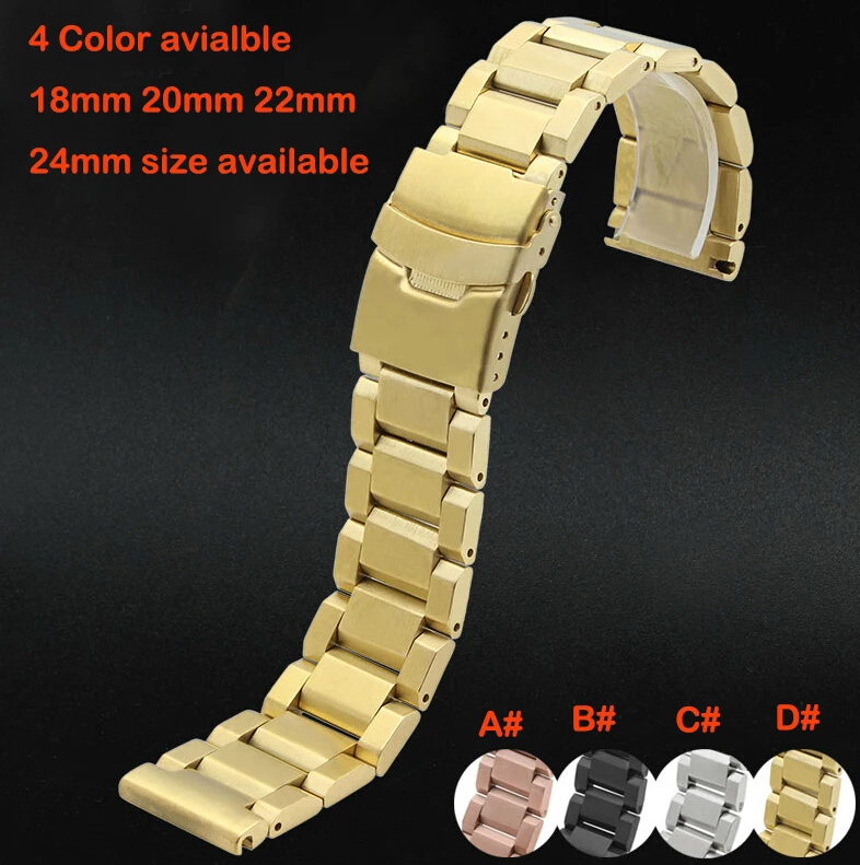 

Watch band 22mm New Gold Brushed Stainless Steel Bracelet Watchbands Strap Bracelets Double Flip Lock Clasp Free Shipping