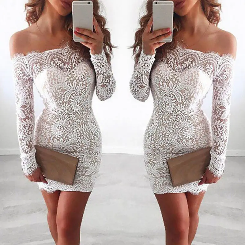 

Women Ladies Elegant Long Sleeve Lace Floral Off Shoulder Dress Slim White Casual Party Mini Dress