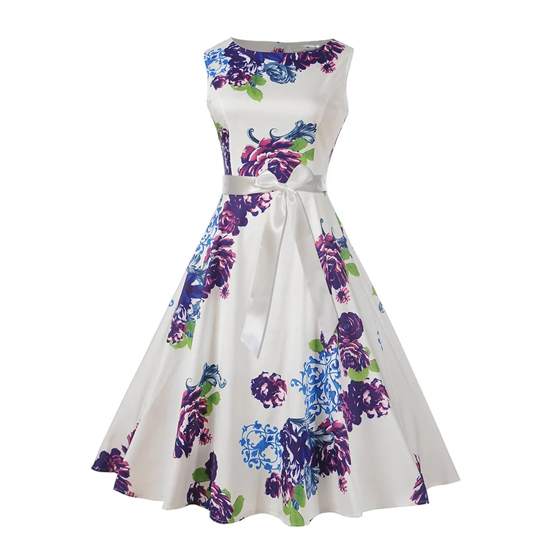 Kostlich High Quality O-Neck Floral Print Dresses Summer Hepburn Vintage Dress Women Big Swing Dress Plus Size S-2XL With Sashes (9)