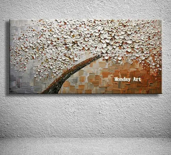 Large handmade Thick Textured picture HandPainted Palette Knife Flower Oil Painting Canvas Wall Art For Living Room Artwork - Цвет: Светло-зеленый