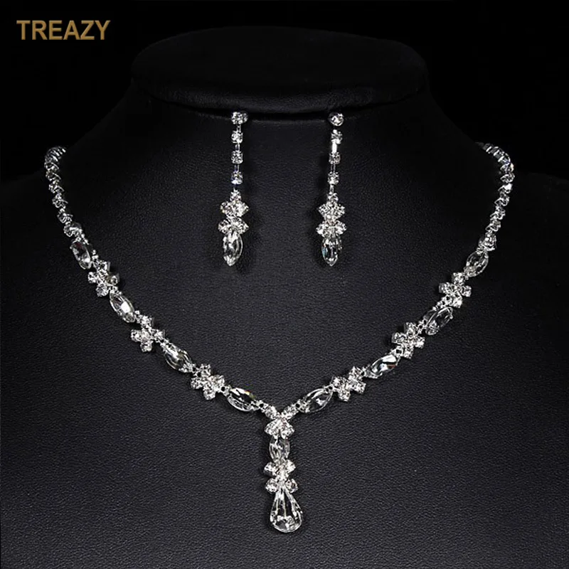 

Elegant Clear Crystal Wedding Bridal Jewelry Sets Charm Floral Waterdrop Necklace Earrings Set for Women Dress Accessories
