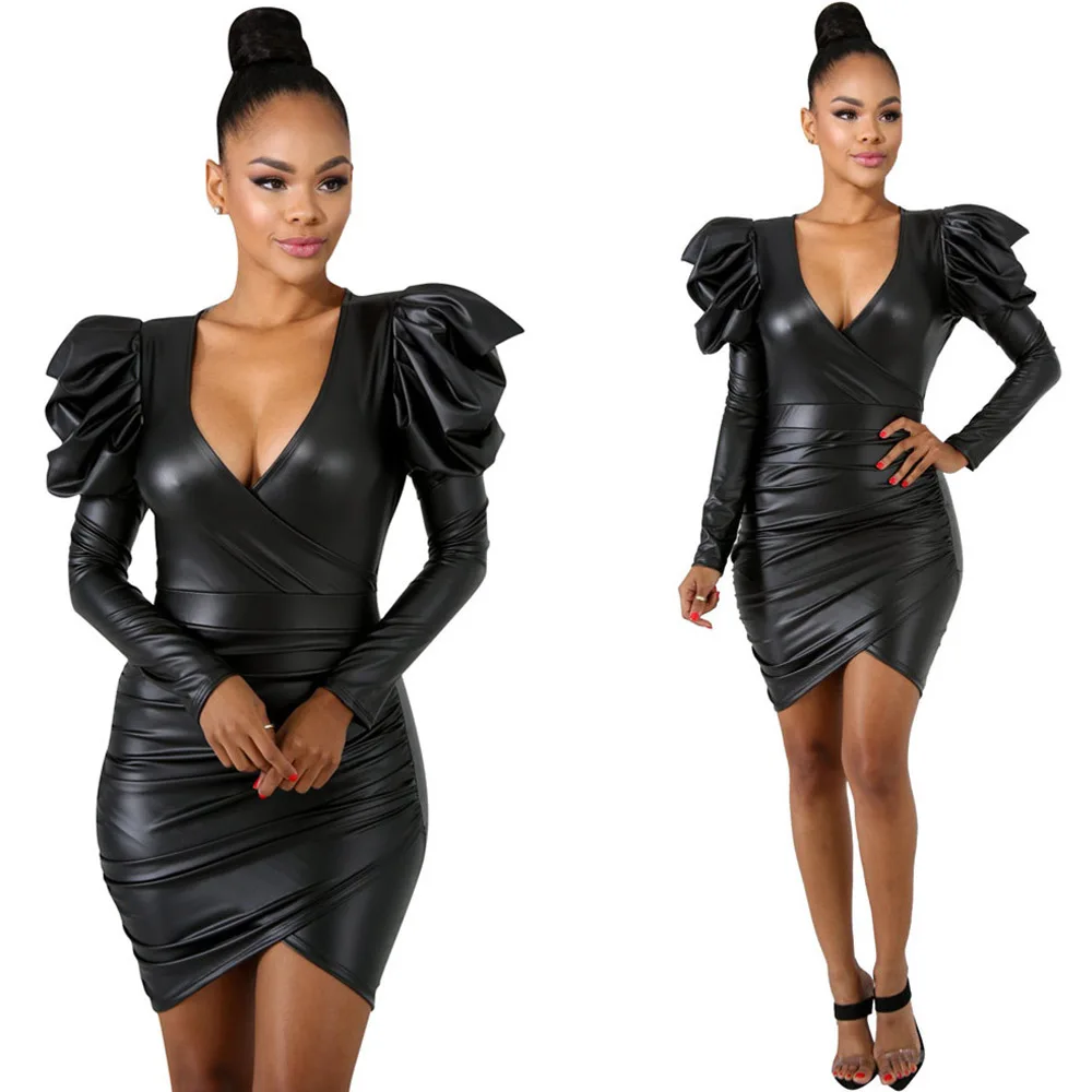Black PU Faux Leather Party Dresses Women Deep V Neck Puff Long Sleeve Wrap Dress Sexy Bow Sash Slim Mini Dress Vestidos Black PU Faux Leather Party Dresses Women Deep V Neck Puff Long Sleeve Wrap Dress Sexy Bow Sash Slim Mini Dress Vestidos