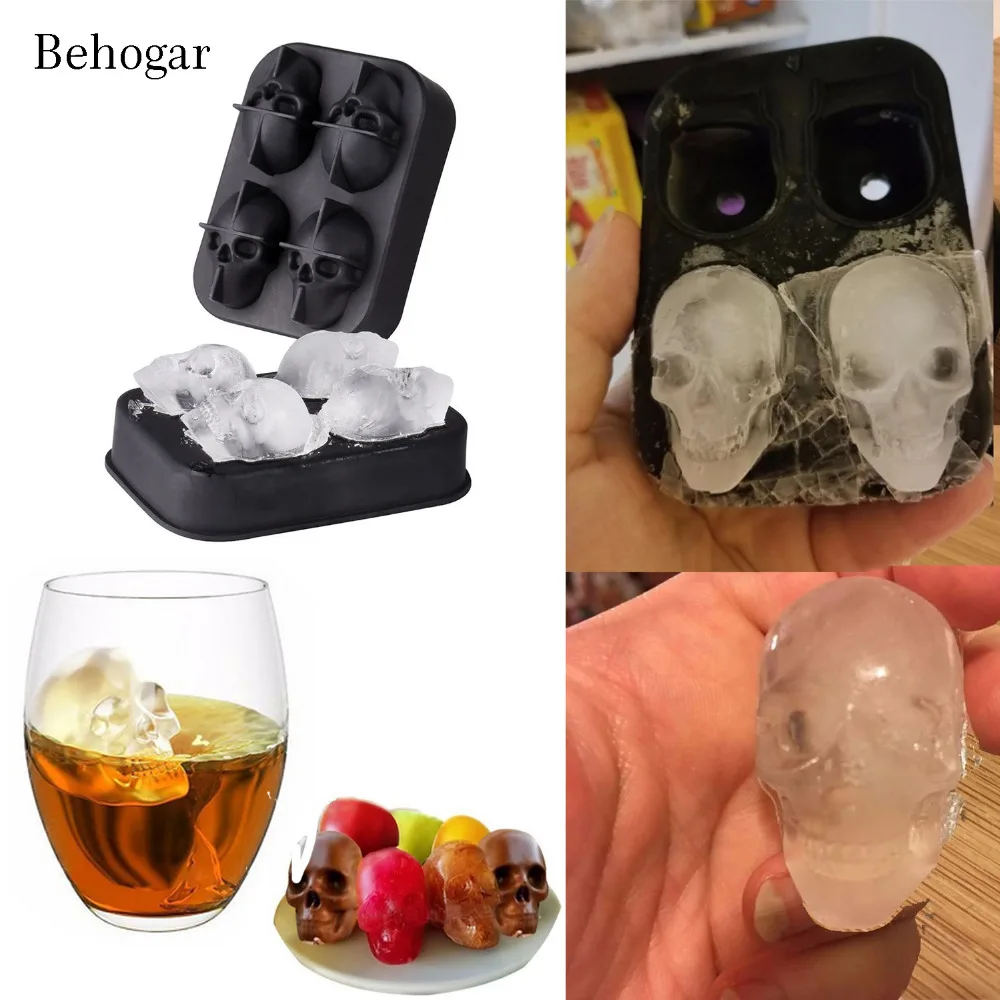 

Behogar 4 Slots Skull Shape 3D Ice Cube Tray Silicone Ice Cube Moulds Maker Form Chocolate Mold Box for Whisky Cocktails Iced