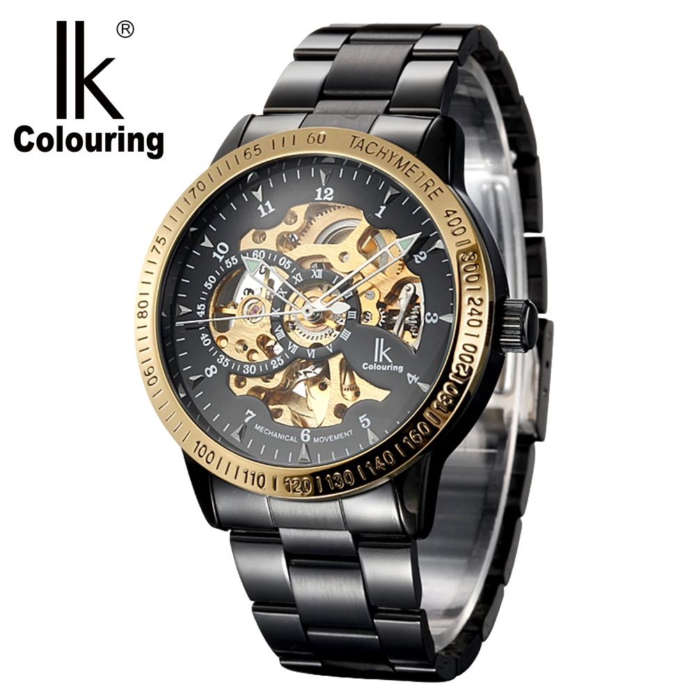 

IK Colouring Super Deal Male Clock Skeleton Steampunk Mechanical Stainless Steel Band Relogio Masculino Men's Automatic Watch