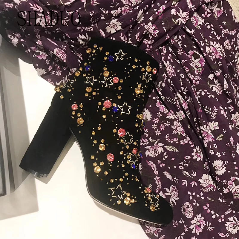 

2018 shaduo women Sheep anti-velvet stitching super multi-czech rhinestone high heels five-pointed star pattern decorative boots