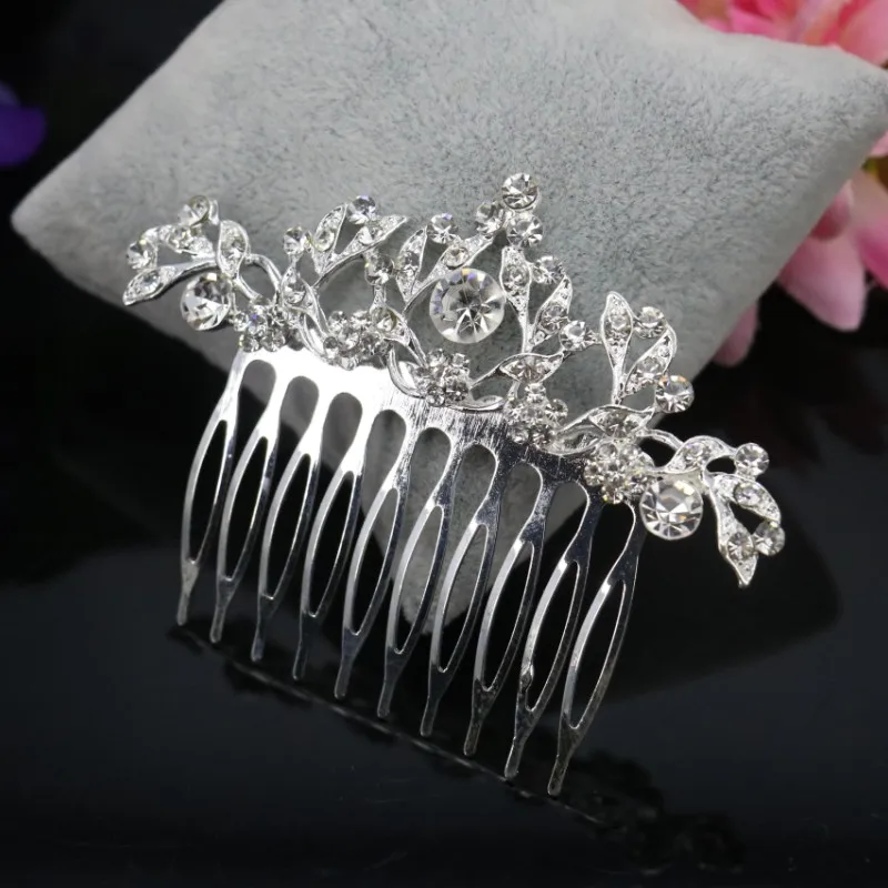 Wholesale New Trendy Tiara Hairwear Crystal Bride Leaf Shape Hair Combs Tiara Silver Plated