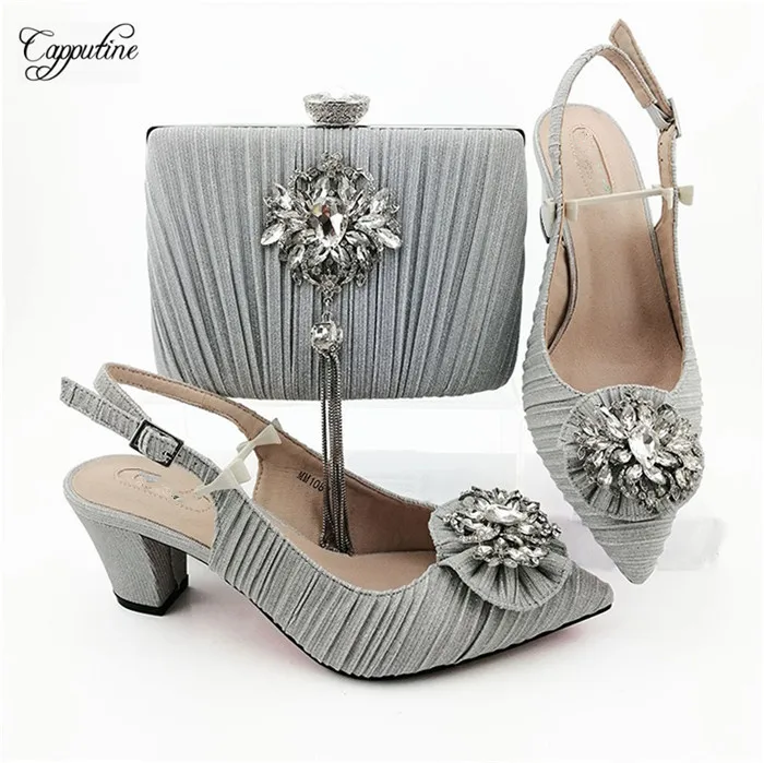 

Latest wedding/party set silver pointed toe sandal shoes with evening bag set decorated with stones MM1088, heel height 6.8cm