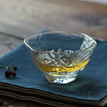 

New Japanese Style Hexagonal Personal Cup Hammered Glass Gold Tea Cup Wine Glasses Small Single Cup Teacup with gold edge