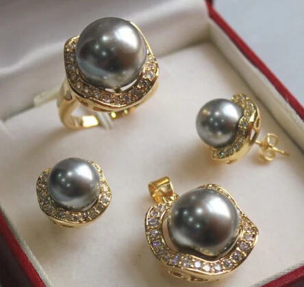 Grey South Sea Shell Pearl Silver Pendant Earrings Rings Sets Lovely Women's Wedding Jewelry