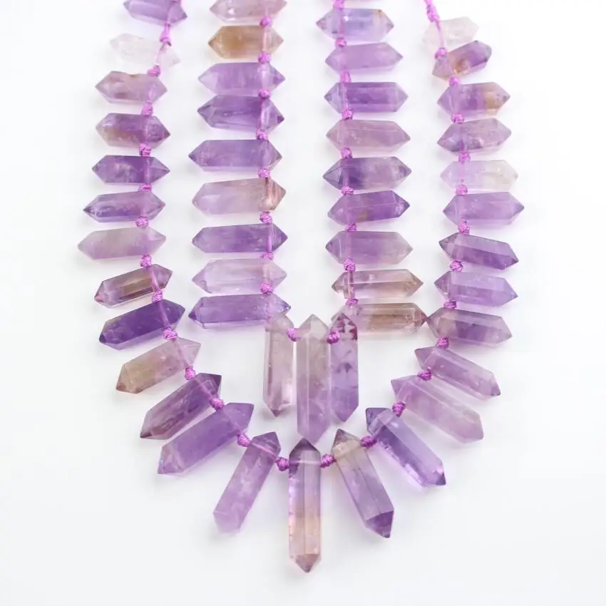 

Raw Amethysts Quartz Double Points Beads Jewelry,Top Drilled Smooth Natural Purple Crystal Spikes Shape Necklace Crafts