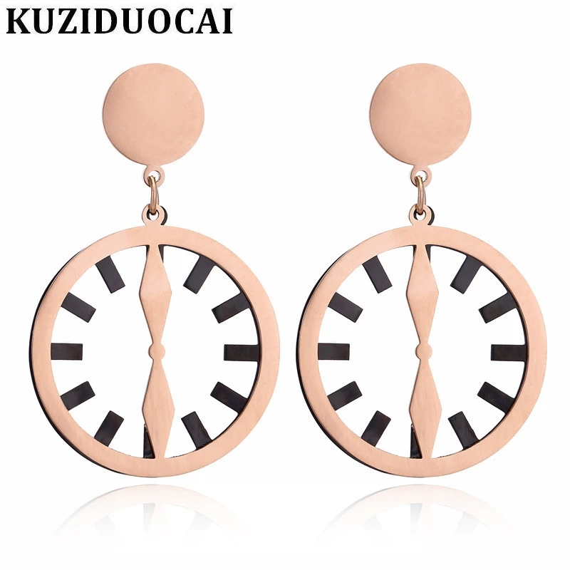 

Kuziduocai 2018 New ! Fashion Fine Noble Jewelry Titanium Stainless Steel Metal Plate Clock Shape Stud Earrings For Women E-170