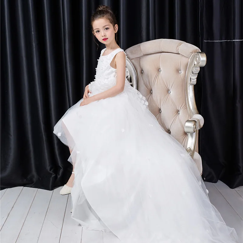 

Brand Long Tailed White Flower Korea Girls Dress Layers White Girl Vestido for Party 2019 Girl Clothes 3 4 6 8 10 12 Years Old