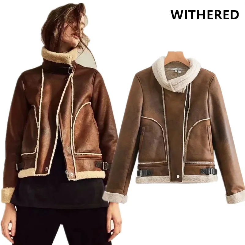 Roulé Thcik En Flétri Col Flocage Veste La Vintage Femmes Harajuku Plus Doublure Taille Laine Suede Cuir Camel Hiver Manteau nWw1OYwqrz