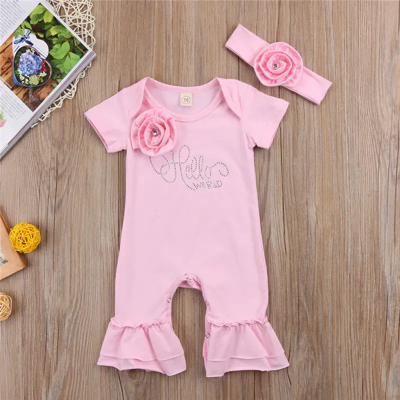 

Lovely Girl Jumpsuits Newborn Baby Girls Flower Romper Jumpsuit Headband Outfits Clothes Set
