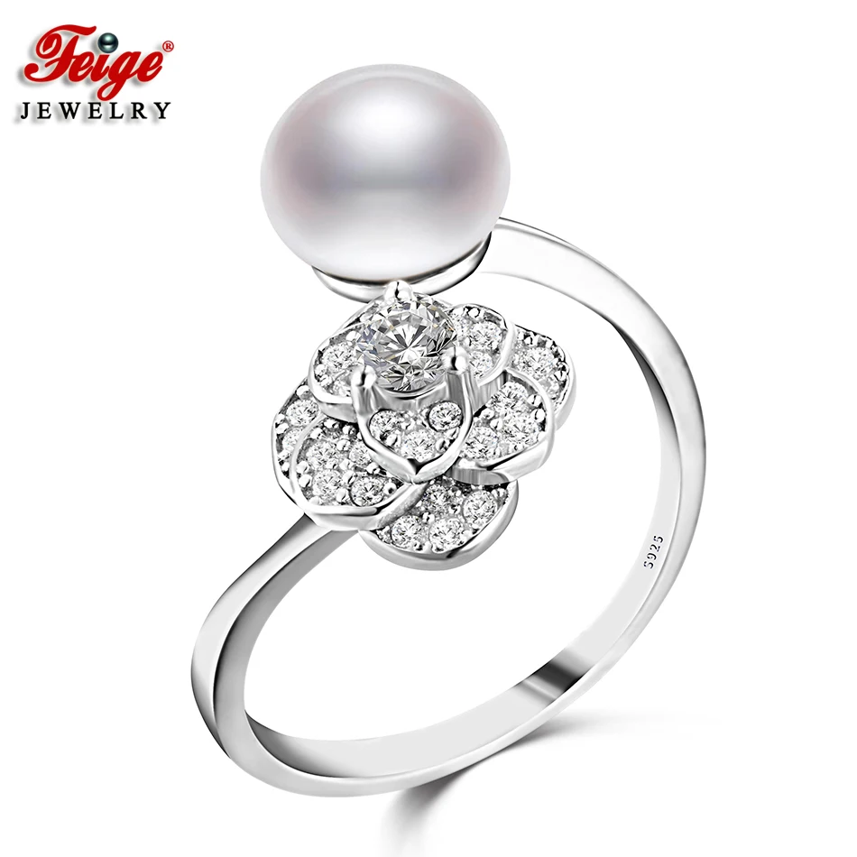 

FEIGE Pearl Ring Real 925 Sterling Silver Inlay Cubic Zirconia Flower Finger Ring for Women 8-9MM White Freshwater Pearl Jewelry