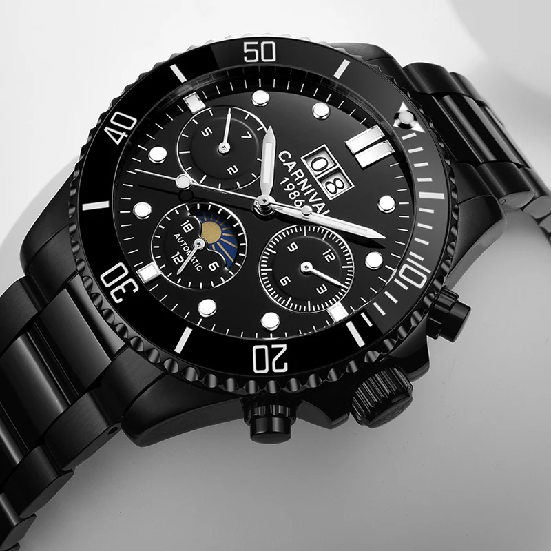 متعددة الوظائف الرياضة الساعات الرجال كرنفال الطلب الكبير ساعات آلية الرجال التقويم المرحلة القمر مضيئة السباحة الياقوت Montre أوم