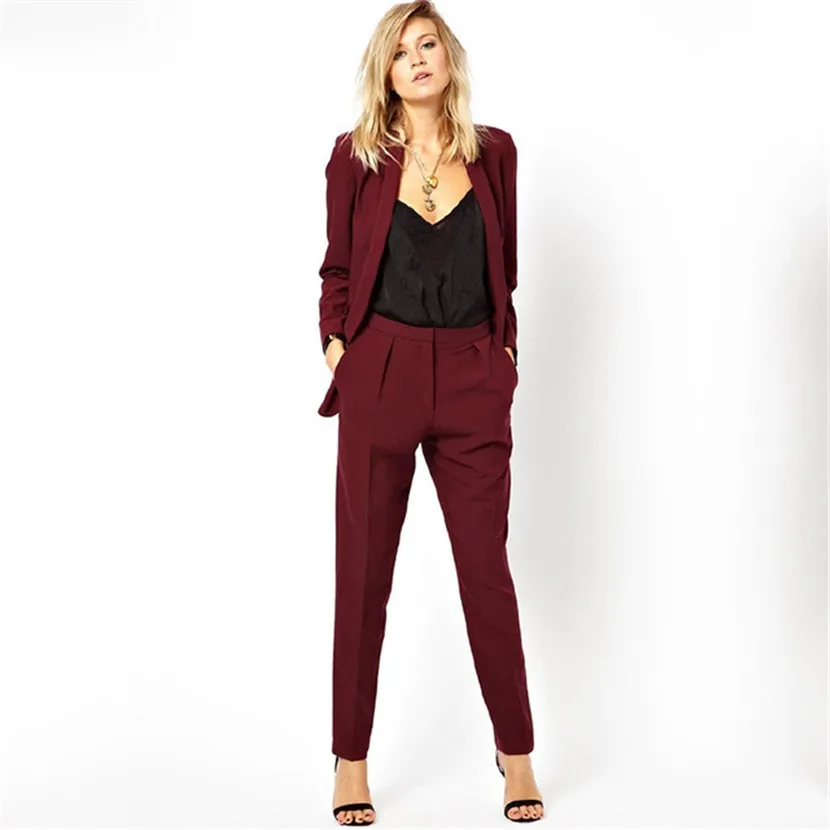 Блейзер для работы, Официальный пиджак, брюки, костюм для женщин, деловой бордовый, Офисная форма, женские костюмы, комплект из 2 предметов, женский