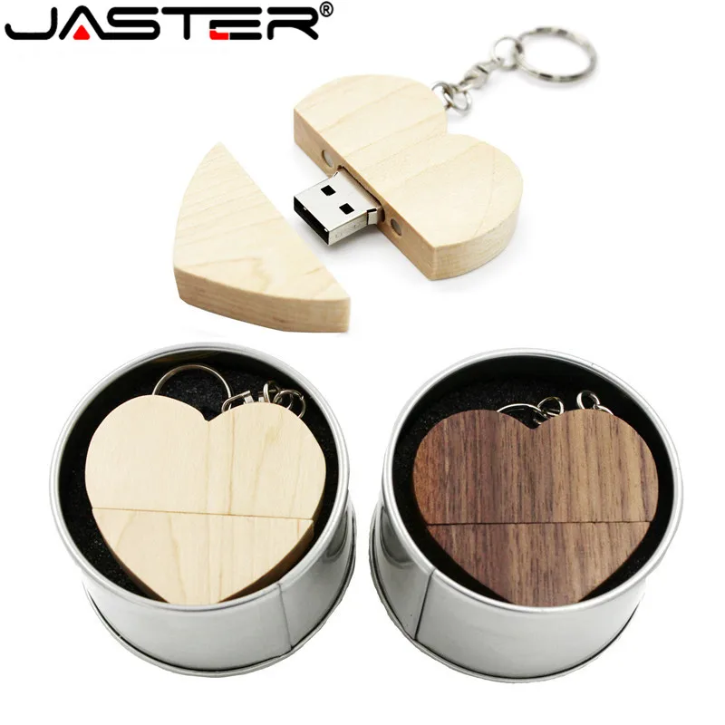 JASTER usb флеш-накопитель с деревянным сердцем и металлической коробкой, 4 ГБ, 16 ГБ, 32 ГБ, 64 ГБ, карта памяти, u-диск, логотип, гравировка, свадебный подарок