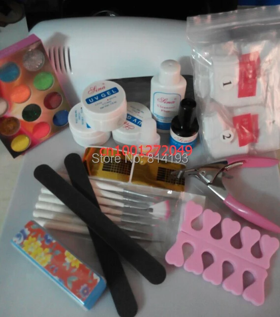 

Promotion ! Fashion Beauty Nail Kit Glitter Powder Tips Builder Gel 9W UV Lamp Nail Set With New Gift +nailglue New