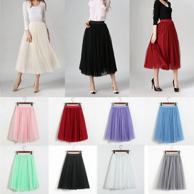 Новая модная женская разноцветная юбка из тюля для взрослых эластичная высокая талия плиссированная женская Юбка-миди кружевная Клубная танцевальная одежда