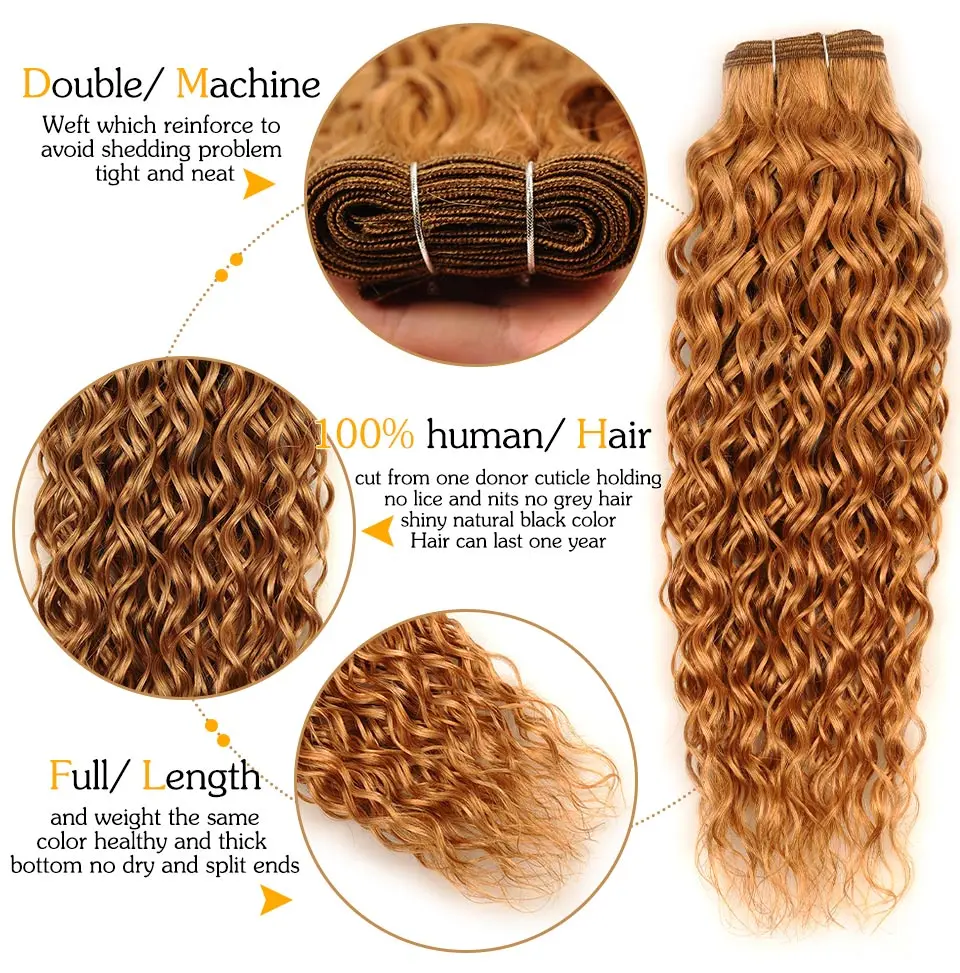 Pinshair Per-Colored 3 Pcs Lot Brazilian Water Wave #27 Honey Blonde Human Hair Weave Non Remy Bundles 10-26 Inch Wet Wavy Hair (1)