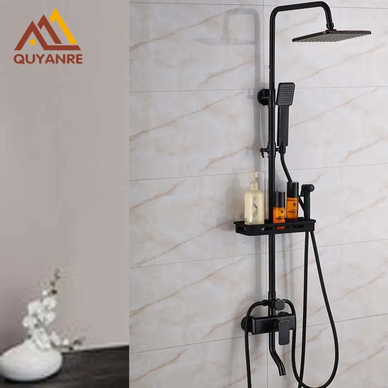

Contemporary Black Bathroom Shower Mixer Faucet with Bidet Head 8" Rain Showerhead and Rotate Tub Spout Faucet