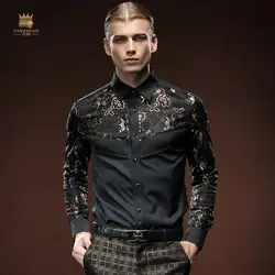 Fanzhuan Бесплатная доставка Новая мода повседневное мужской черный тонкий с длинными рукавами 2015 шить рубашка 512061 растительный узор в наличии