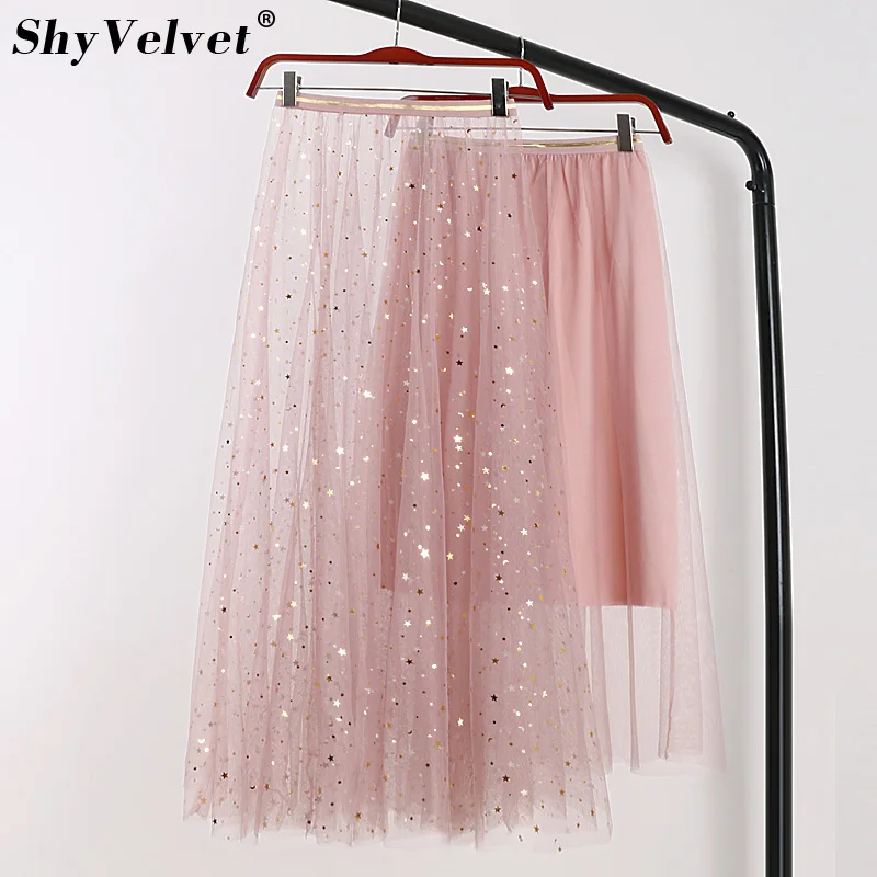 Летняя женская плиссированная фатиновая юбка из двух частей, юбка-пачка трапециевидной формы с высокой талией и блестками, синий, розовый, белый цвета