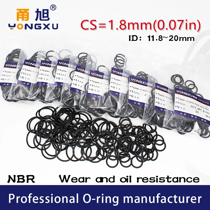 50PCS/Lot Black NBR Sealing O-Ring CS1.8mm Thickness ID11.8/12.5/13.2/14/15/16/17/18/19/20*1.8mm ORing Seal Rubber Gasket Washer |