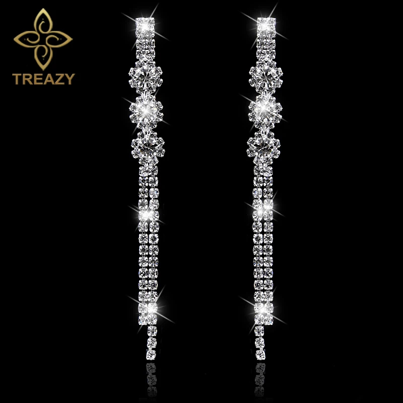 

TREAZY Flower Tassel Long Earrings Sparkling Silver Color Rhinestone Crystal Dangle Earrings For Women Bridal Wedding Jewelry