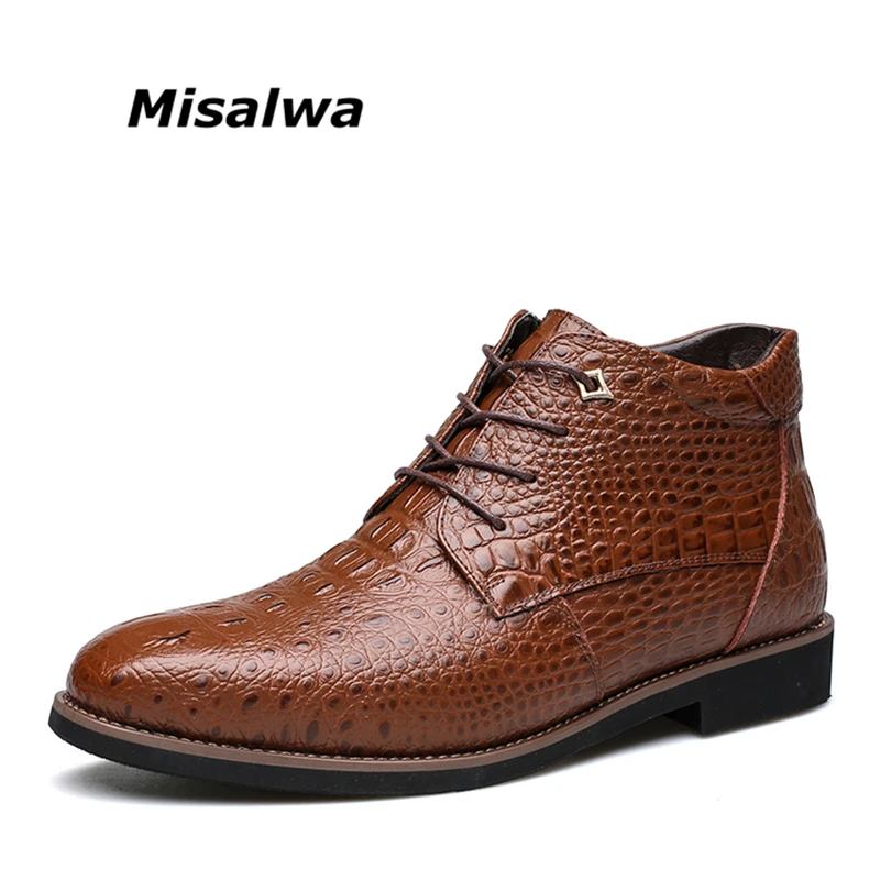 

Misalwa Big Size 46 High Quality Men Boots Ankle Men Fashion Snow Boots Crocodile Men Leather Boots With Fur Waterproof Casual