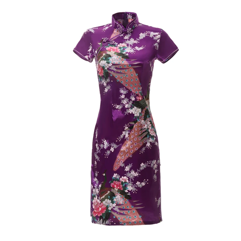 Фиолетовый пикантные летние для женщин короткие Cheongsam большой размеры 5XL 6XL атлас тонкий Винтаж Qipao элегантный воротник стойка китайское платье