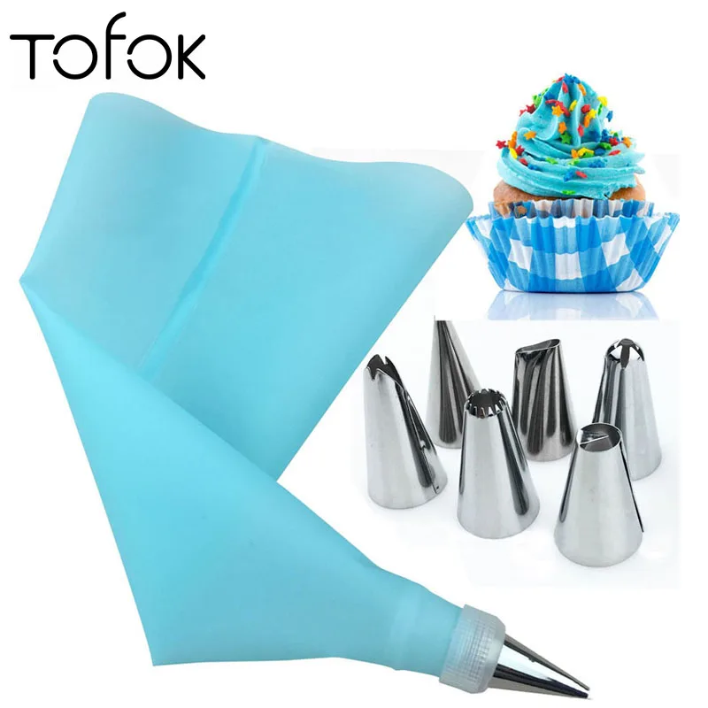 

Tofok 6pcs Stainless Steel Nozzle Tips Set+1pc Silicone Icing Piping Cream Pastry Bag+1pc Converter DIY Baking Cake Decor Tools