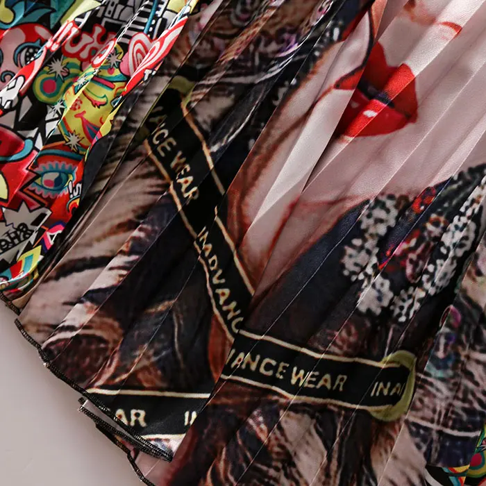 REALEFT Новое поступление женские Мультяшные принтованные элегантные гофрированные длинные юбки с высокой талией Harajuku тюлевые трапециевидные юбки до середины икры