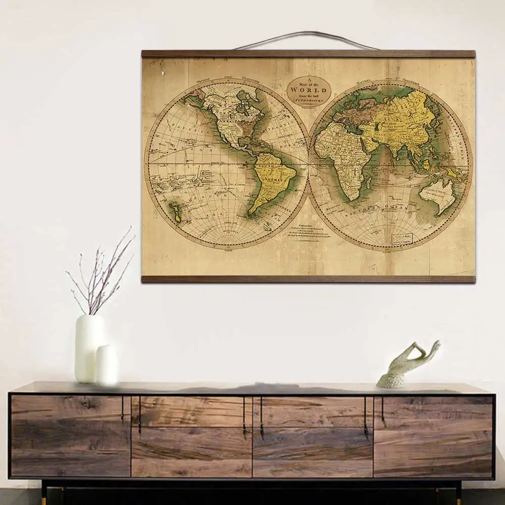 Старинная карта мира на холсте художественные плакаты и принты с твердой деревянной подвеской свиток настенные картины для гостиной