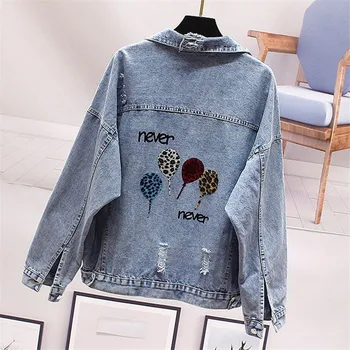 

Women Jacket 2019 Spring Autumn New Loose Letter Printing Hole Denim Coat Single-Breasted Female Denim Outwear Tops Coat JIA377