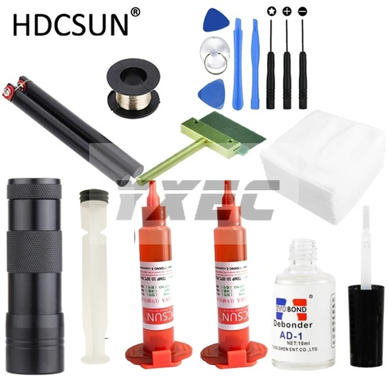 

LOCA tp-2500 UV Glue 5ml + UV curing light+Uv Glue Remover +Cutting Wire+clothes + clean knife + pry tool For iphone LCD Repair